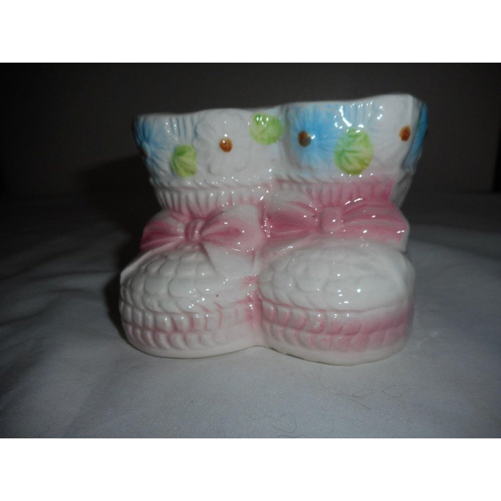 Vintage Nancy Pew Pink Baby Bootie Shoes Ceramic Planter Japan Nursery Decor #3